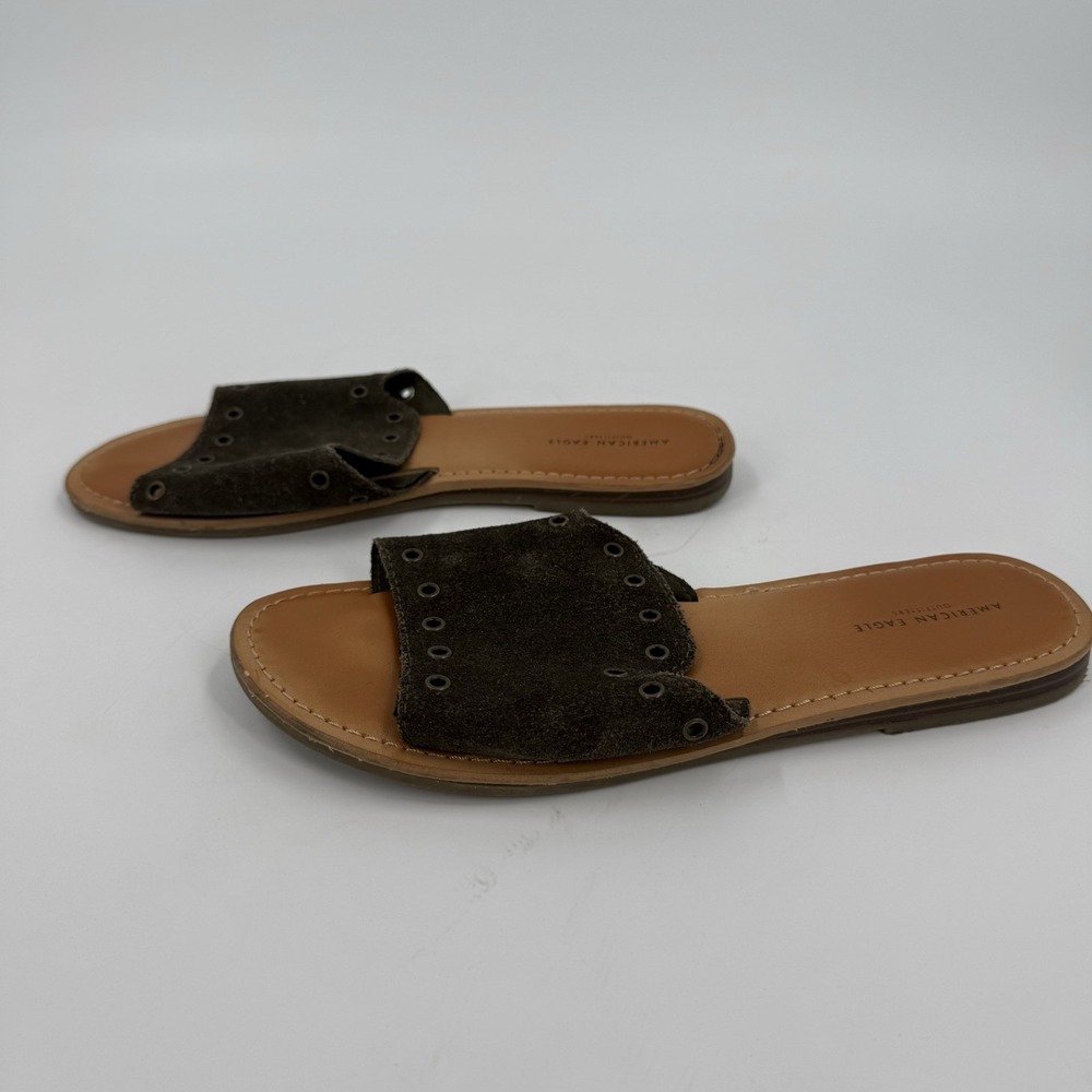 American Eagle Womens Size 7 Brown Suede Leather Slide Sandals Grommet Boho